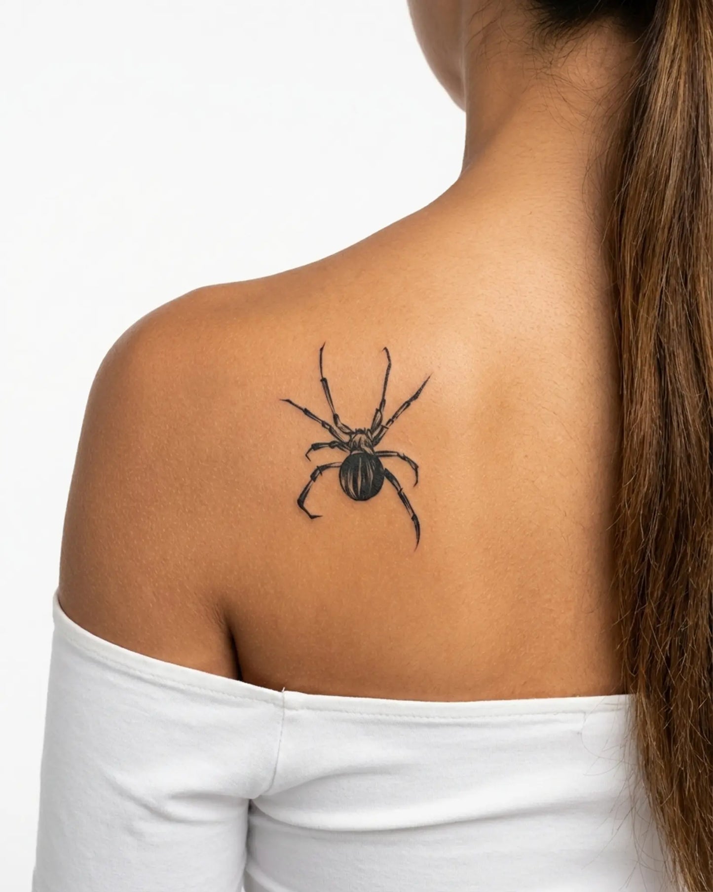 INKY Ink Spider semi-permanent tattoo applied on a woman – 3 x 3 in (7x7 cm) design, realistic ink look, lasts 10 days