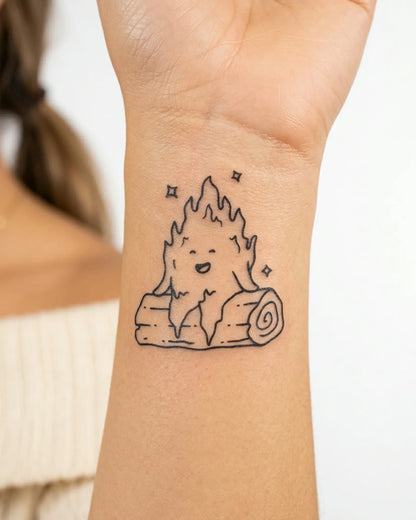 INKY Smiley Fire semi-permanent tattoo applied on a woman – 2 x 2 in (4x4 cm) design, realistic ink look, lasts 10 days