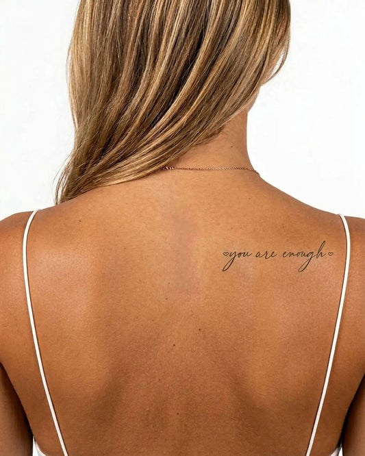 INKY You Are Enough 2 semi-permanent tattoo applied on a woman – 2 x 4 in (6x10 cm) design, realistic ink look, lasts 10 days