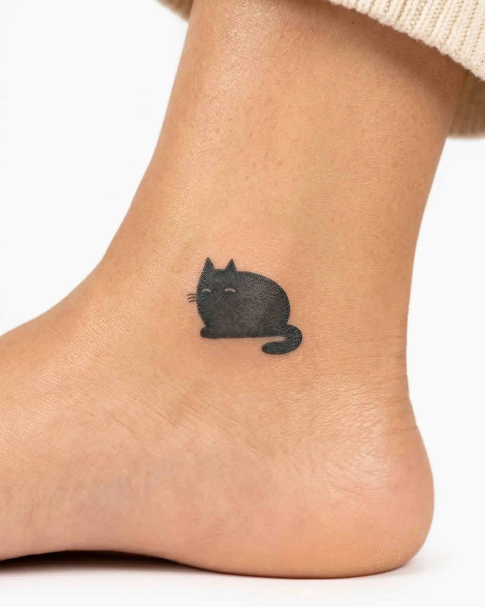 INKY Chonky Cat semi-permanent tattoo applied on a woman – 0.5 x 0.5 in (1x1 cm) design, realistic ink look, lasts 10 days