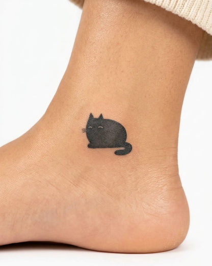 INKY Chonky Cat semi-permanent tattoo applied on a woman – 0.5 x 0.5 in (1x1 cm) design, realistic ink look, lasts 10 days