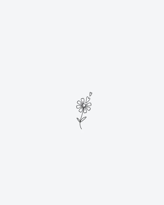 Daisy Love semi-permanent tattoo design by INKY – Fine Line, Flower, Leaves, Daisy, Heart illustration, 0.5 x 0.5 in (1x1 cm), available at inkytatt.com