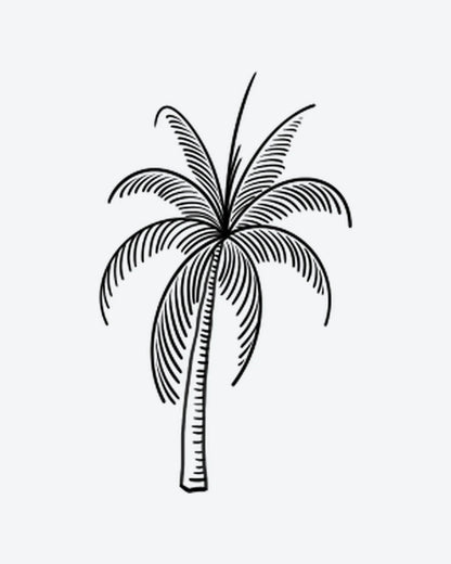 Tropical Palm semi-permanent tattoo design by INKY – Palm Tree, Fine Line, Lines, Beach illustration, 2 x 2 in (4x4 cm), available at inkytatt.com