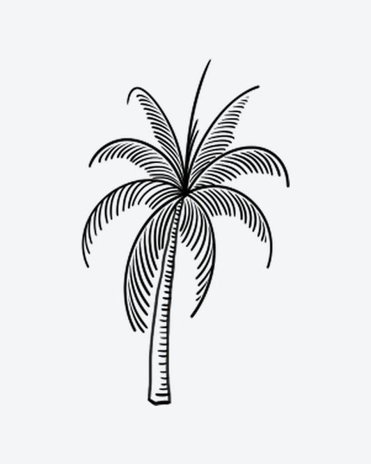 Tropical Palm semi-permanent tattoo design by INKY – Palm Tree, Fine Line, Lines, Beach illustration, 2 x 2 in (4x4 cm), available at inkytatt.com
