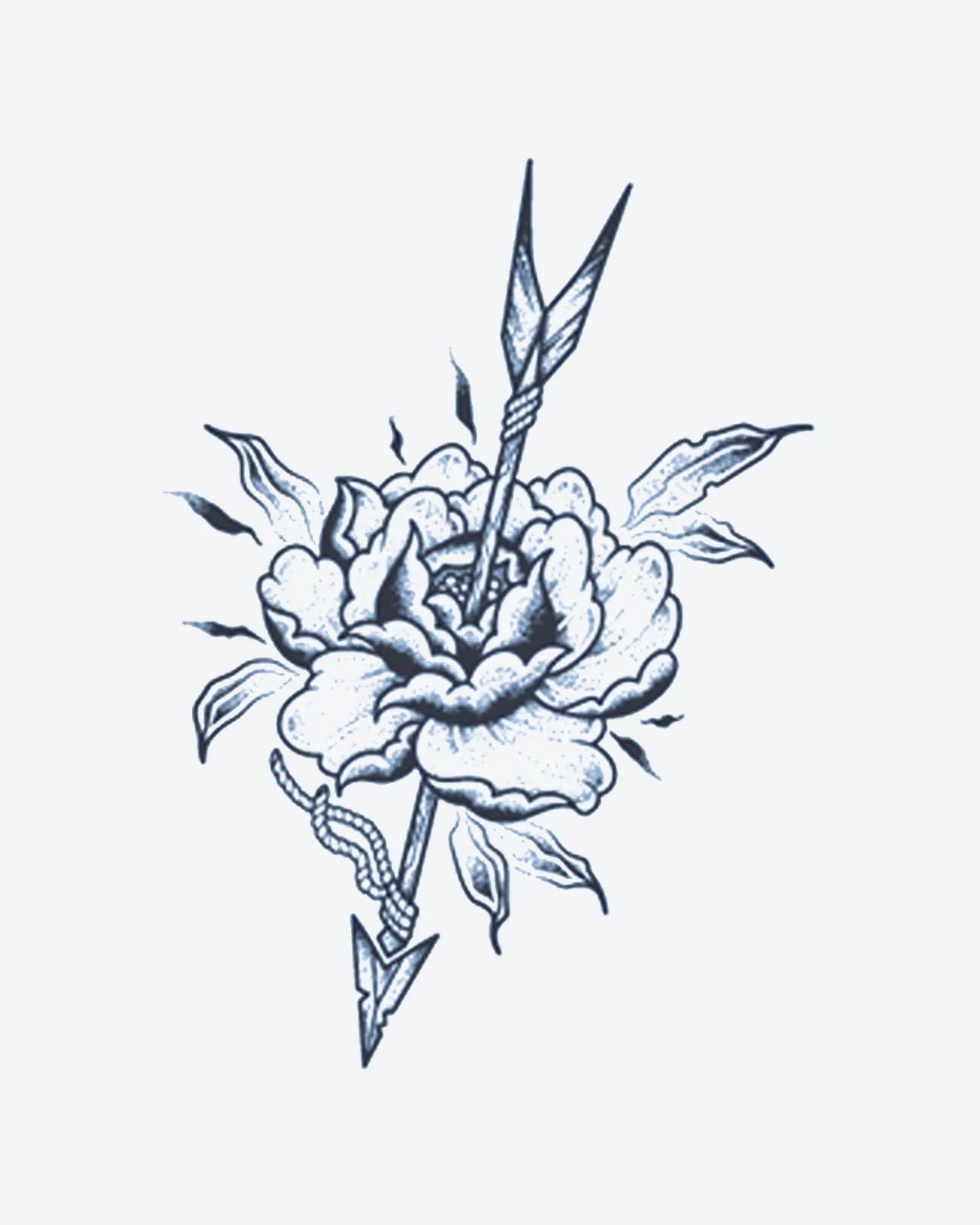 Floral Arrow semi-permanent tattoo design by INKY – Flower, Leaves, Peony, Arrow, Dotwork illustration, 3 x 4 in (7x10 cm), available at inkytatt.com