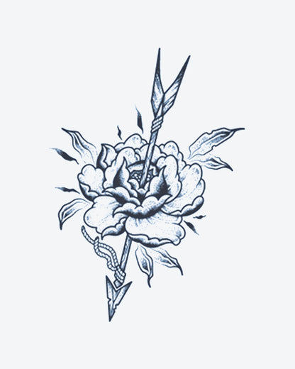 Floral Arrow semi-permanent tattoo design by INKY – Flower, Leaves, Peony, Arrow, Dotwork illustration, 3 x 4 in (7x10 cm), available at inkytatt.com