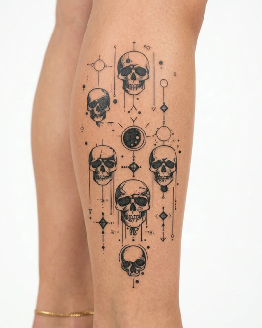 INKY Cosmic Skulls semi-permanent tattoo applied on a woman – 4 x 7 in (10x17 cm) design, realistic ink look, lasts 10 days