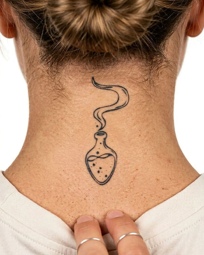 INKY Magic Potion semi-permanent tattoo applied on a woman – 2 x 2 in (4x4 cm) design, realistic ink look, lasts 10 days