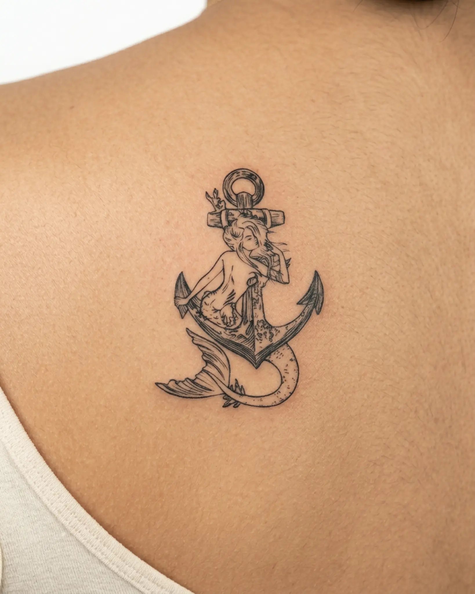 INKY Mermaid Ancho semi-permanent tattoo applied on a woman – 3 x 4 in (7x10 cm) design, realistic ink look, lasts 10 days