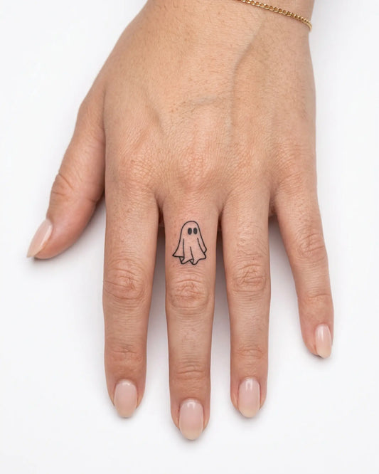 INKY Cute Ghost semi-permanent tattoo applied on a woman – 0.5 x 0.5 in (1x1 cm) design, realistic ink look, lasts 10 days