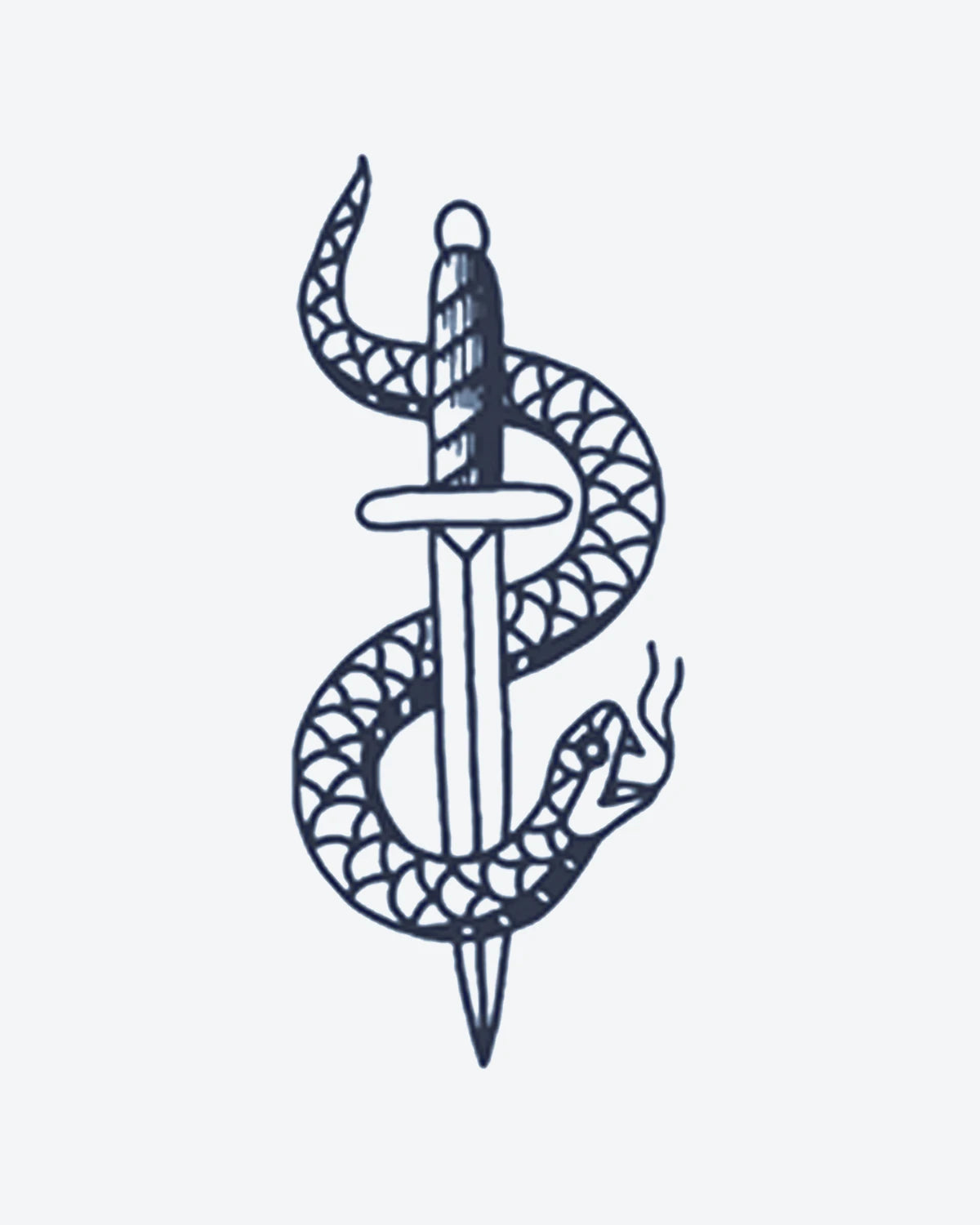 Snake Dagger semi-permanent tattoo design by INKY – Snake, Dagger, Lines illustration, 2 x 2 in (4x4 cm), available at inkytatt.com