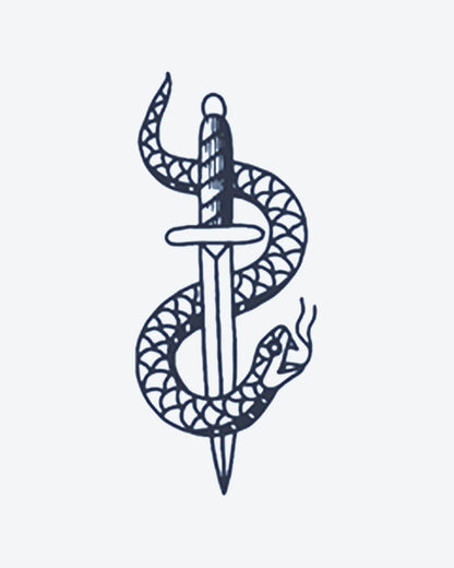 Snake Dagger semi-permanent tattoo design by INKY – Snake, Dagger, Lines illustration, 2 x 2 in (4x4 cm), available at inkytatt.com
