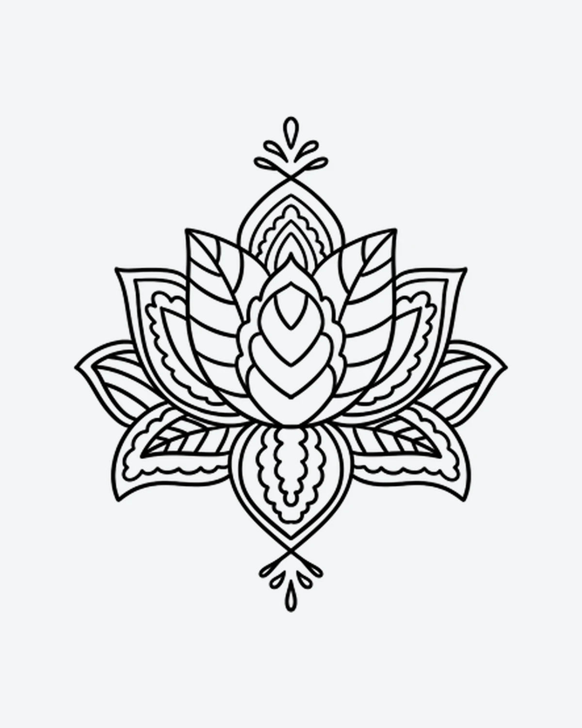 Lotus Mandala semi-permanent tattoo design by INKY – Lotus Flower, Fine Line, Mandala, Pattern, Petal illustration, 2 x 2 in (4x4 cm), available at inkytatt.com