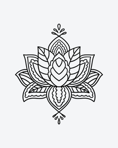 Lotus Mandala semi-permanent tattoo design by INKY – Lotus Flower, Fine Line, Mandala, Pattern, Petal illustration, 2 x 2 in (4x4 cm), available at inkytatt.com