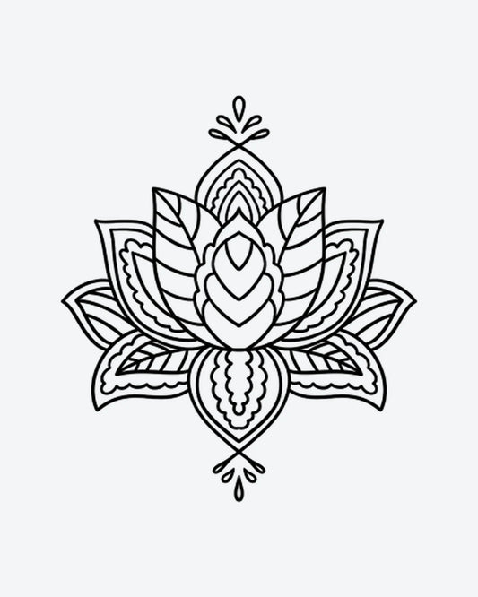 Lotus Mandala semi-permanent tattoo design by INKY – Lotus Flower, Fine Line, Mandala, Pattern, Petal illustration, 2 x 2 in (4x4 cm), available at inkytatt.com