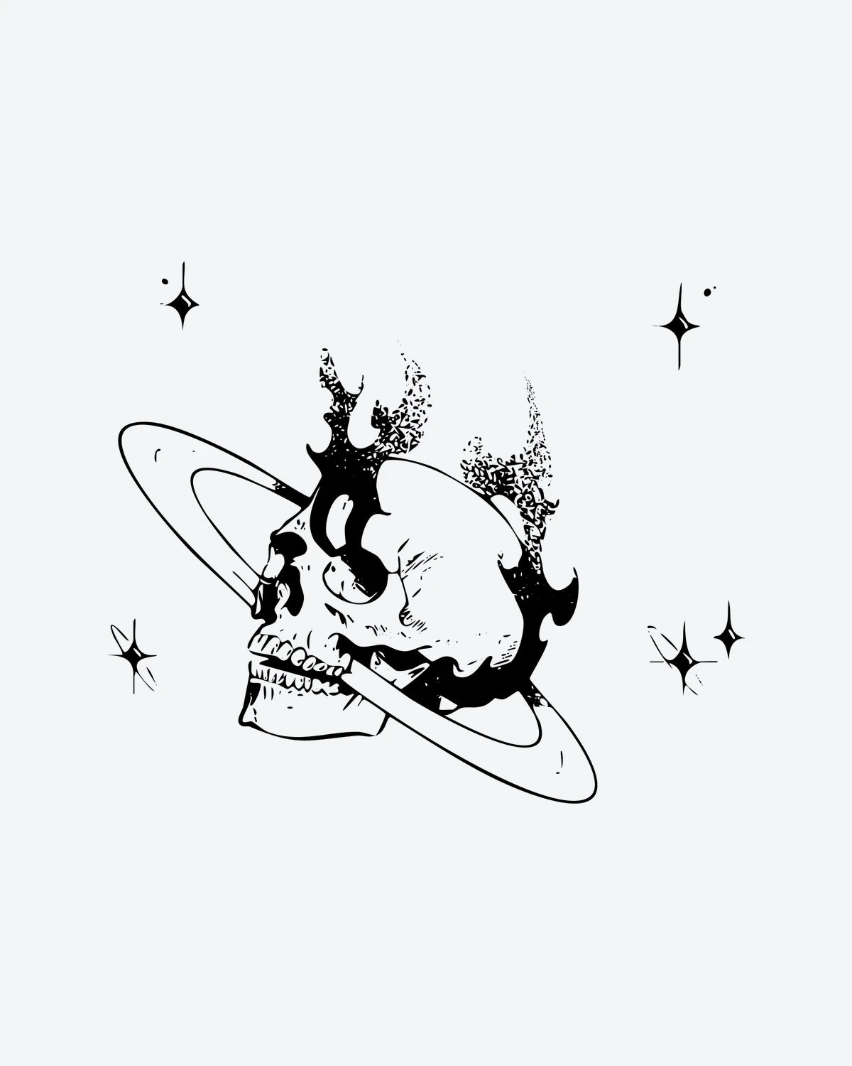 Cosmic Skull semi-permanent tattoo design by INKY – Line Art, Star, Planet, Skull, Flame illustration, 3 x 3 in (7x7 cm), available at inkytatt.com