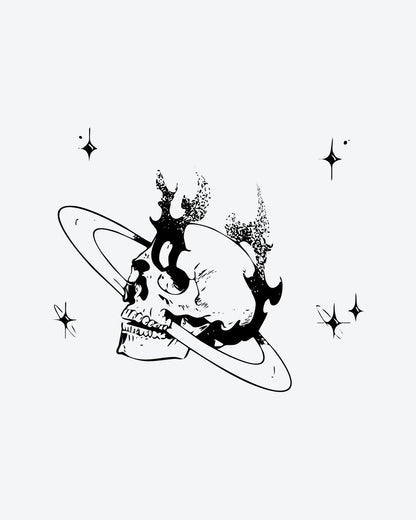 Cosmic Skull semi-permanent tattoo design by INKY – Line Art, Star, Planet, Skull, Flame illustration, 3 x 3 in (7x7 cm), available at inkytatt.com