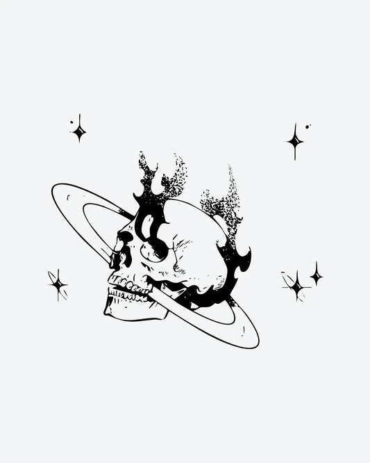 Cosmic Skull semi-permanent tattoo design by INKY – Line Art, Star, Planet, Skull, Flame illustration, 3 x 3 in (7x7 cm), available at inkytatt.com
