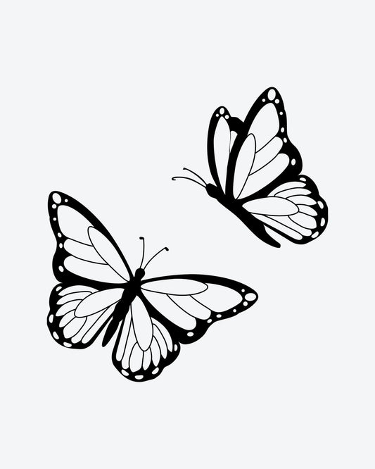 Butterfly Duo semi-permanent tattoo design by INKY – Butterflies, Dots, Pattern illustration, 2 x 2 in (4x4 cm), available at inkytatt.com