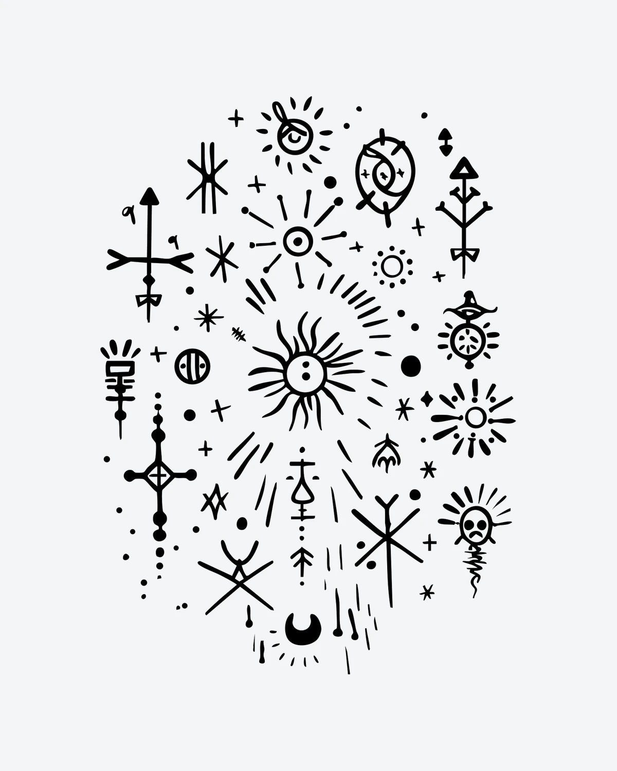 Mystic Glyphs semi-permanent tattoo design by INKY – Crescent Moon, Sun, Crosses, Arrow, Eye illustration, 3 x 3 in (7x7 cm), available at inkytatt.com