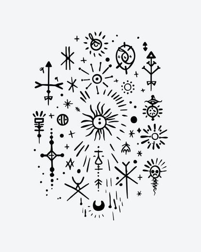 Mystic Glyphs semi-permanent tattoo design by INKY – Crescent Moon, Sun, Crosses, Arrow, Eye illustration, 3 x 3 in (7x7 cm), available at inkytatt.com