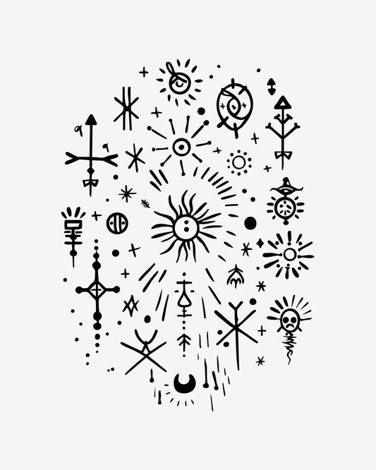 Mystic Glyphs semi-permanent tattoo design by INKY – Crescent Moon, Sun, Crosses, Arrow, Eye illustration, 3 x 3 in (7x7 cm), available at inkytatt.com