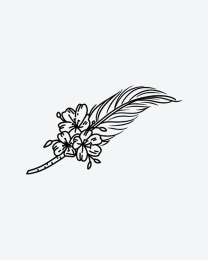 Feather & Flo 2 semi-permanent tattoo design by INKY – Fine Line, Leaves, Feather, Blossom, Branch illustration, 2 x 4 in (6x10 cm), available at inkytatt.com