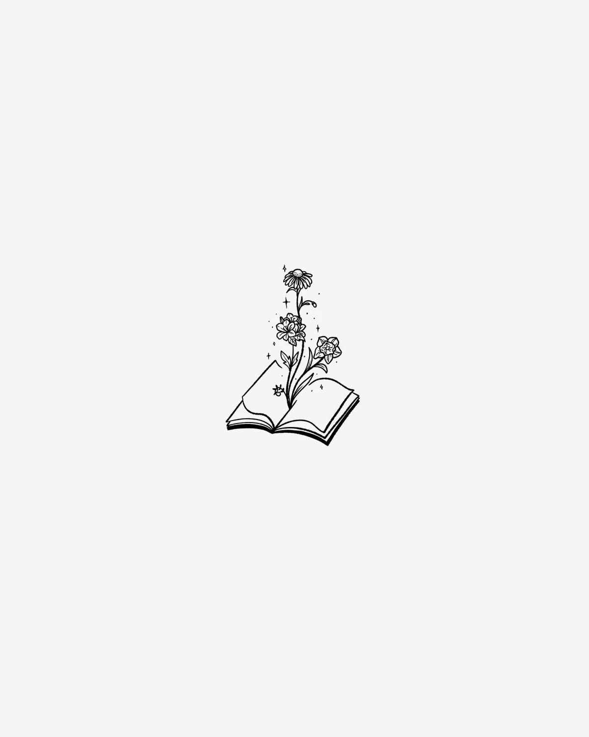 Book Bloom semi-permanent tattoo design by INKY – Flower, Leaves, Daisy, Sparkle, Dots illustration, 2 x 2 in (4x4 cm), available at inkytatt.com