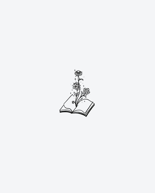 Book Bloom semi-permanent tattoo design by INKY – Flower, Leaves, Daisy, Sparkle, Dots illustration, 2 x 2 in (4x4 cm), available at inkytatt.com