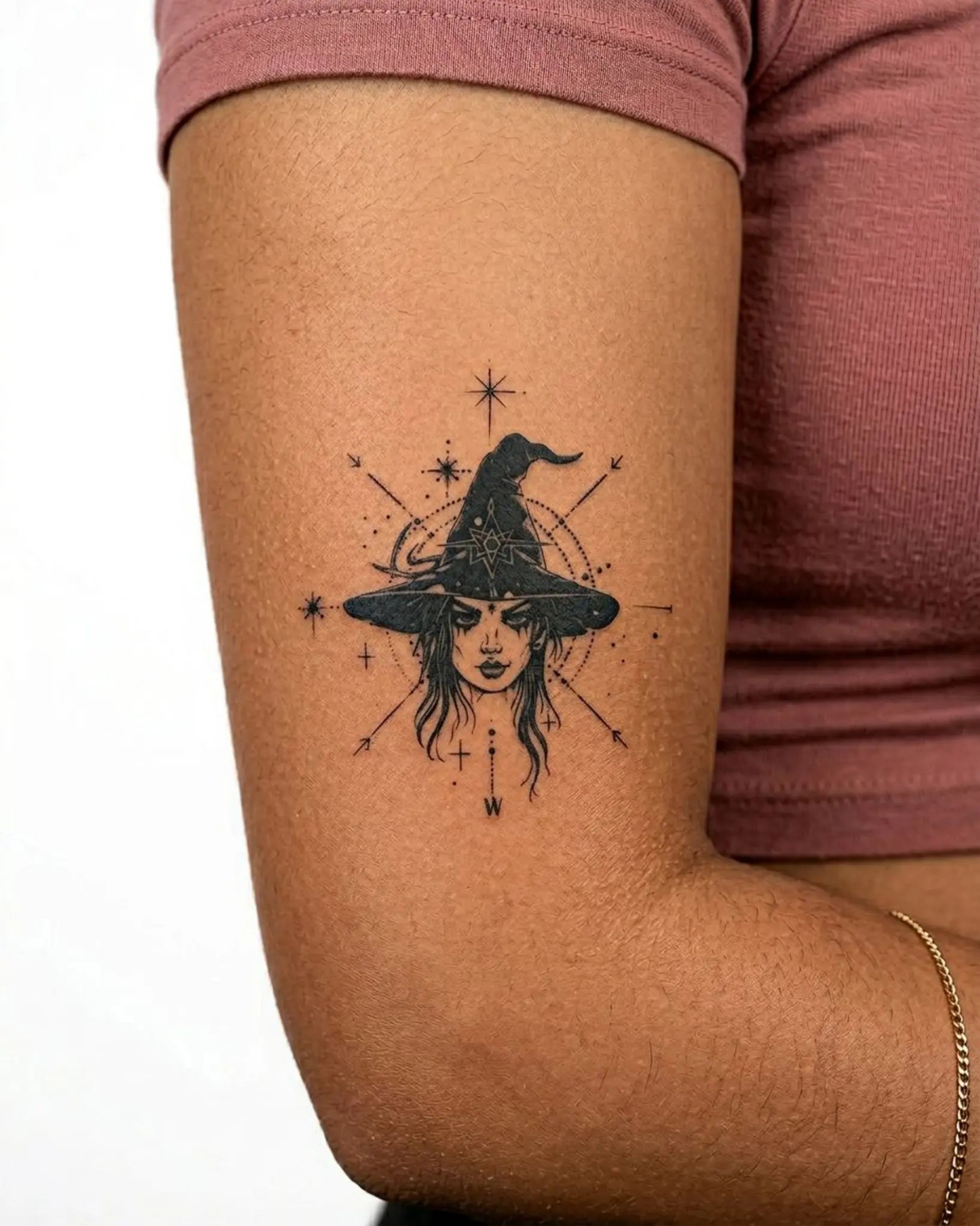 INKY Mystic Witch semi-permanent tattoo applied on a woman – 3 x 3 in (7x7 cm) design, realistic ink look, lasts 10 days