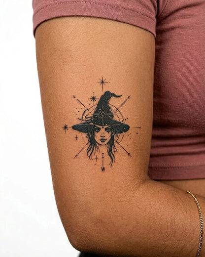 INKY Mystic Witch semi-permanent tattoo applied on a woman – 3 x 3 in (7x7 cm) design, realistic ink look, lasts 10 days