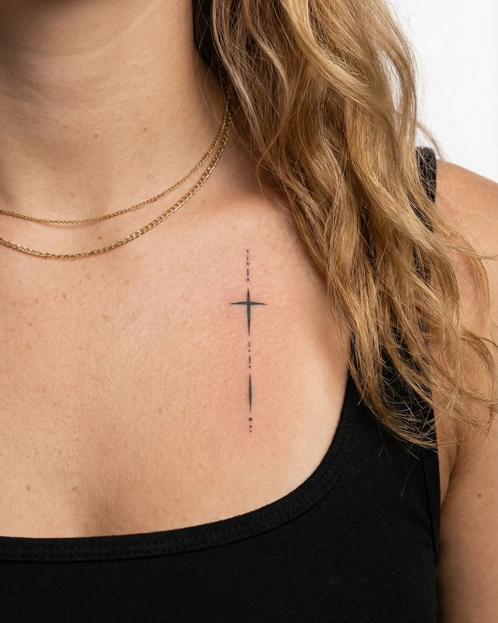 INKY Grace Mark semi-permanent tattoo applied on a woman – 2 x 4 in (6x10 cm) design, realistic ink look, lasts 10 days
