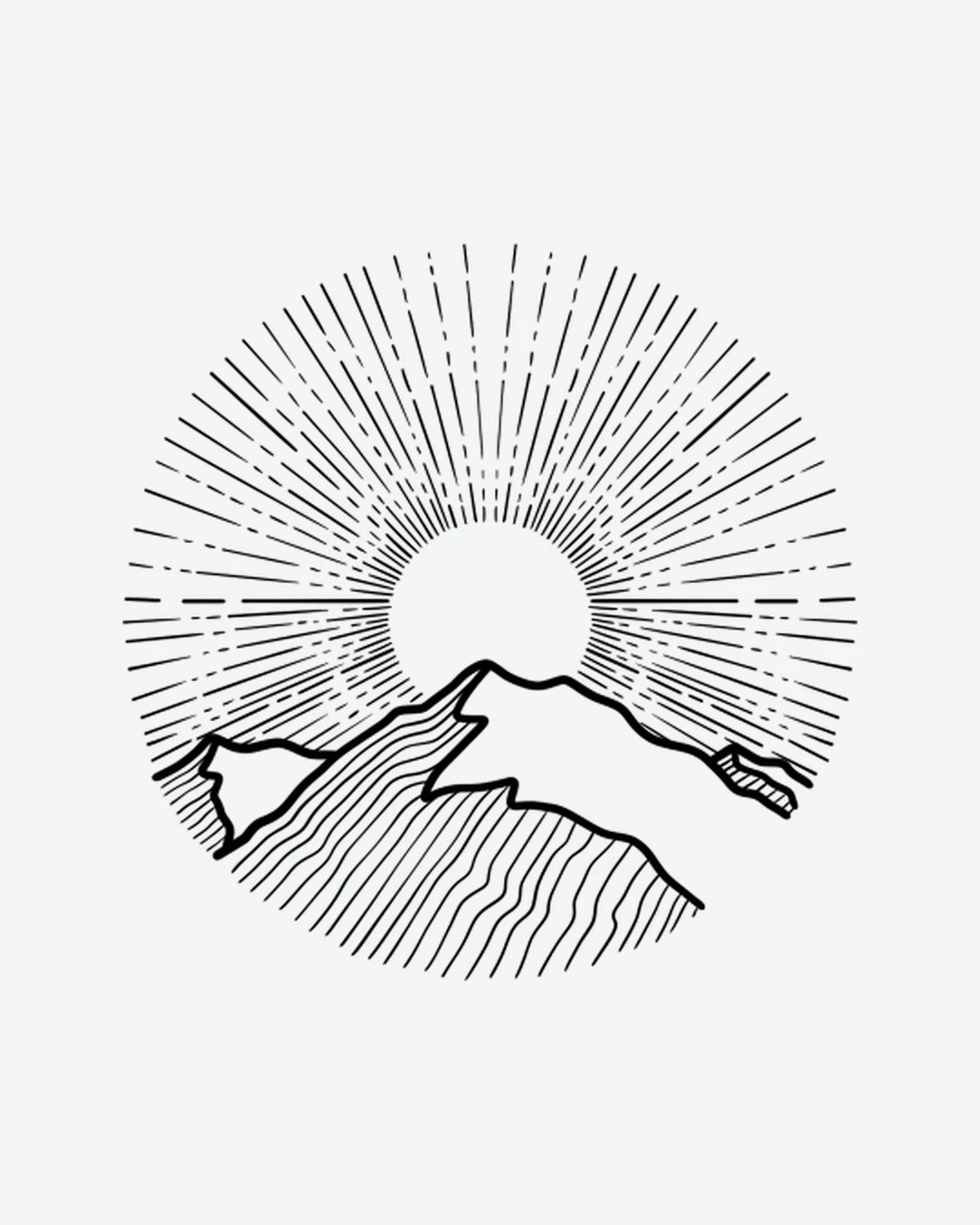 Sunburst semi-permanent tattoo design by INKY – Fine Line, Mountain, Sun, Geometric, Pattern illustration, 3 x 3 in (7x7 cm), available at inkytatt.com