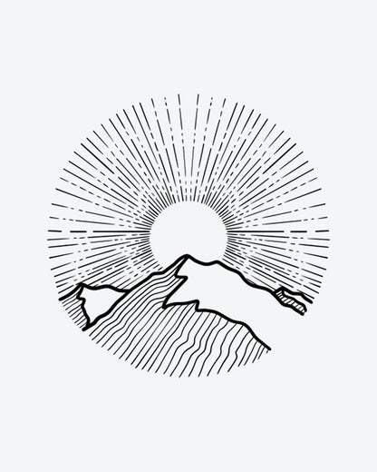 Sunburst semi-permanent tattoo design by INKY – Fine Line, Mountain, Sun, Geometric, Pattern illustration, 3 x 3 in (7x7 cm), available at inkytatt.com