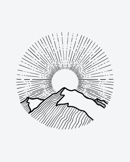 Sunburst semi-permanent tattoo design by INKY – Fine Line, Mountain, Sun, Geometric, Pattern illustration, 3 x 3 in (7x7 cm), available at inkytatt.com