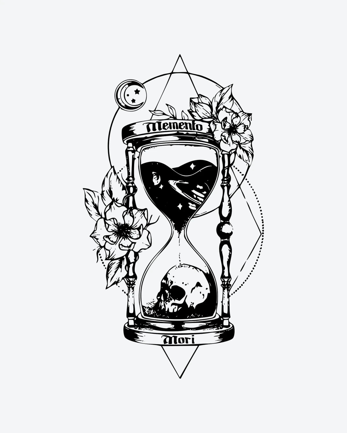 Memento Mori Hourglass semi-permanent tattoo design by INKY – Crescent Moon, Rose, Leaves, Heart, Hourglass illustration, 4 x 7 in (10x17 cm), available at inkytatt.com