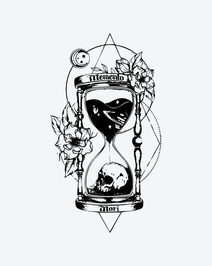 Memento Mori Hourglass semi-permanent tattoo design by INKY – Crescent Moon, Rose, Leaves, Heart, Hourglass illustration, 4 x 7 in (10x17 cm), available at inkytatt.com