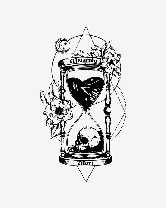 Memento Mori Hourglass semi-permanent tattoo design by INKY – Crescent Moon, Rose, Leaves, Heart, Hourglass illustration, 4 x 7 in (10x17 cm), available at inkytatt.com