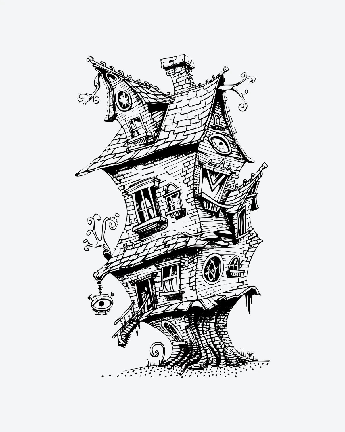 Crooked Abode semi-permanent tattoo design by INKY – Line Art, Tree, Eye, Window, House illustration, 4 x 7 in (10x17 cm), available at inkytatt.com