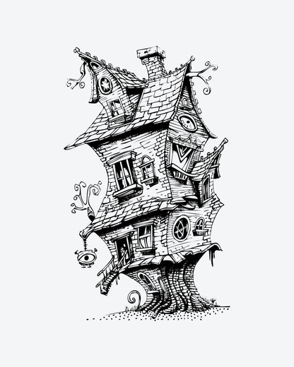 Crooked Abode semi-permanent tattoo design by INKY – Line Art, Tree, Eye, Window, House illustration, 4 x 7 in (10x17 cm), available at inkytatt.com