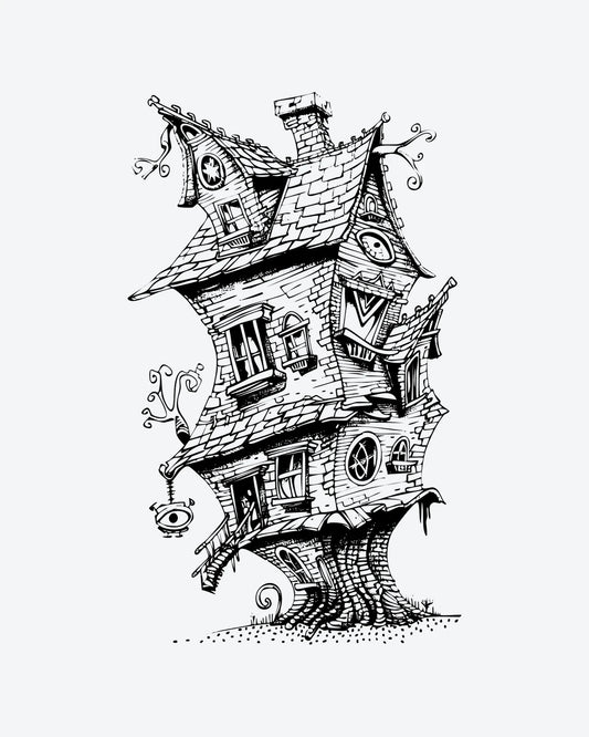 Crooked Abode semi-permanent tattoo design by INKY – Line Art, Tree, Eye, Window, House illustration, 4 x 7 in (10x17 cm), available at inkytatt.com