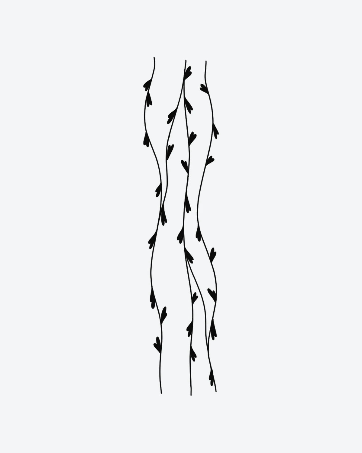 Heart Vines semi-permanent tattoo design by INKY – Fine Line, Leaves, Vine, Heart, Pattern illustration, 2 x 4 in (6x10 cm), available at inkytatt.com