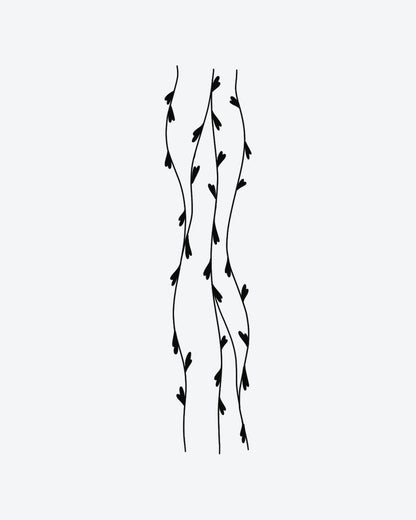 Heart Vines semi-permanent tattoo design by INKY – Fine Line, Leaves, Vine, Heart, Pattern illustration, 2 x 4 in (6x10 cm), available at inkytatt.com