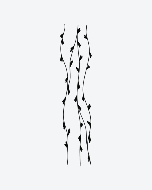 Heart Vines semi-permanent tattoo design by INKY – Fine Line, Leaves, Vine, Heart, Pattern illustration, 2 x 4 in (6x10 cm), available at inkytatt.com