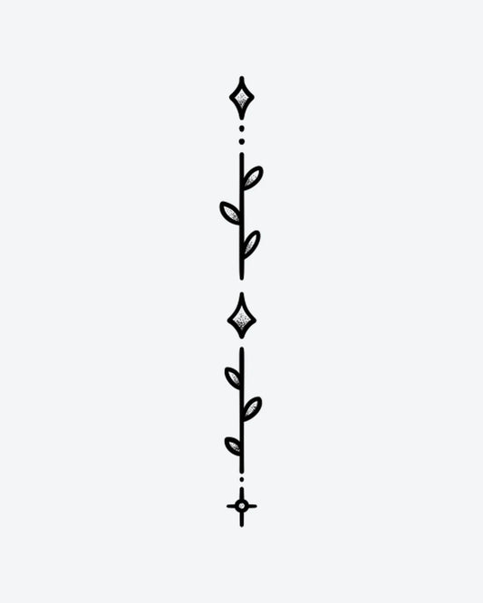 Star Stem semi-permanent tattoo design by INKY – Fine Line, Leaves, Star, Cross, Diamond illustration, 2 x 4 in (6x10 cm), available at inkytatt.com