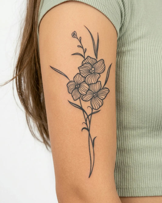 INKY Floral Trio 2 semi-permanent tattoo applied on a woman – 4 x 7 in (10x17 cm) design, realistic ink look, lasts 10 days