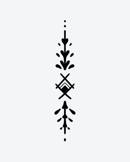 Spirit Line semi-permanent tattoo design by INKY – Leaf, Triangle, Geometric, Dots illustration, 2 x 4 in (6x10 cm), available at inkytatt.com