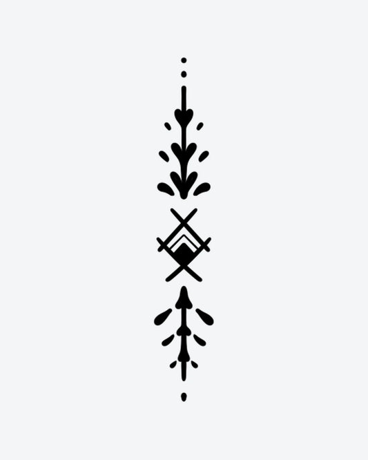 Spirit Line semi-permanent tattoo design by INKY – Leaf, Triangle, Geometric, Dots illustration, 2 x 4 in (6x10 cm), available at inkytatt.com