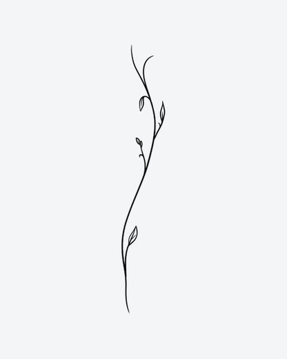 Slim Vine semi-permanent tattoo design by INKY – Fine Line, Leaves, Vine illustration, 2 x 2 in (4x4 cm), available at inkytatt.com