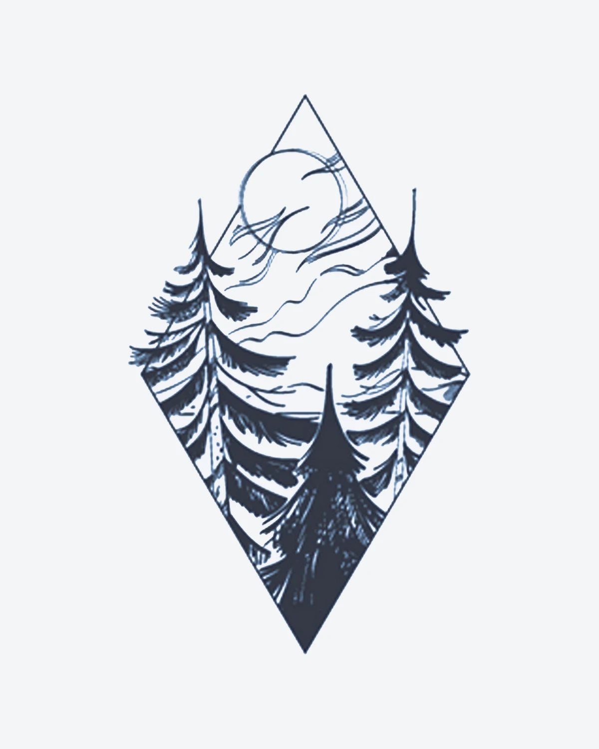 Pine Diamond semi-permanent tattoo design by INKY – Tree, Sun, Moon, Diamond, Geometric illustration, 3 x 4 in (7x10 cm), available at inkytatt.com
